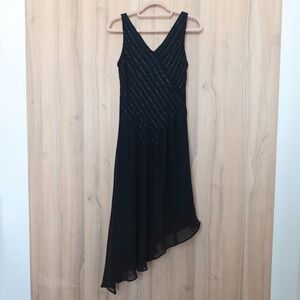 VTG Positive Attitude Dress Sz 10P Black Beaded Asymmetrical Midi Y2K Whimsigoth